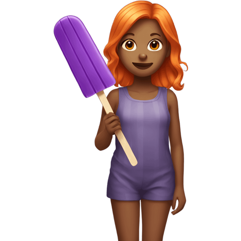 A girl with orange hair holding a purple popsicle  emoji