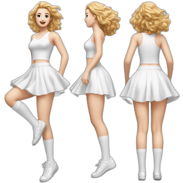 Hyperrealistic Full body Caucasian curvy beauty jumping short white skirt back and front views strong wind knickers long white socks emoji