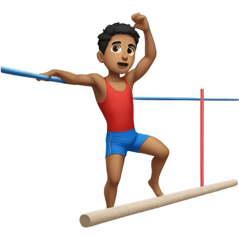 Mexican boy in red tank top and blue shorts pole vaulting emoji