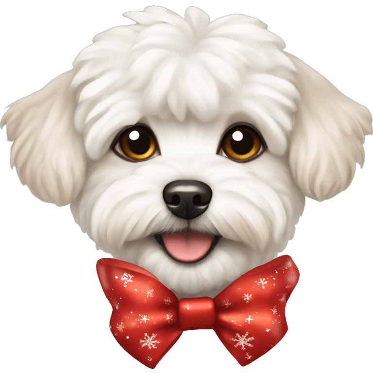 Maltipoo white dog wearing a red christmasy bow emoji