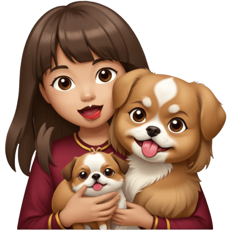 filipino girl with bangs holding cute tibetan spaniel tongue out emoji