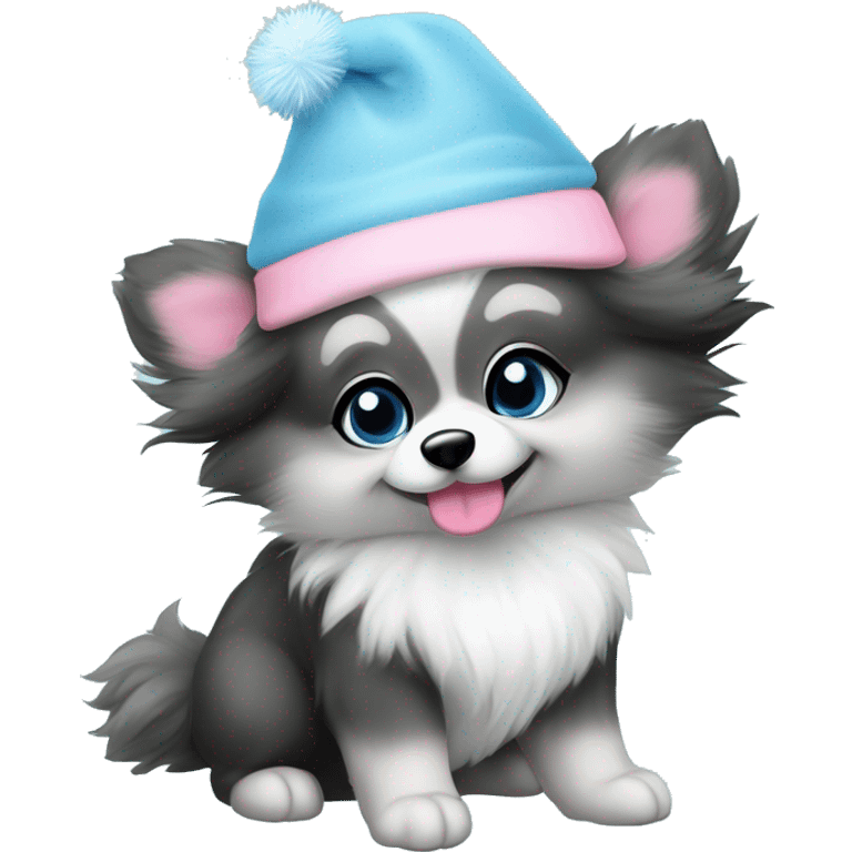 Gray and black Merle pomeranian puppy full body light blue eyes pink christmas hat on emoji