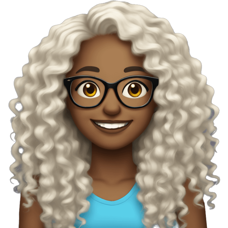 Girl, black light skin, curly black long hair, glasses. Pretty Smiling emoji