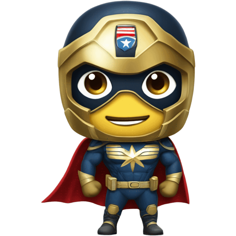 super herói similar ao capitão américa, usando um escudo dourado no toráx, com um cifrão de dinheiro emoji