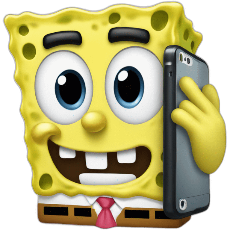 SpongeBob holding a smartphone with a shocked expression emoji