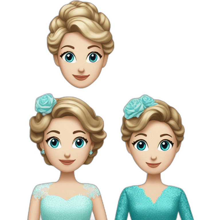 Bride with brown hair into a bun, blue eyes and a lace dress. Mother of the bride with long blonde curls and a turquoise sequined dress with sleeves. emoji