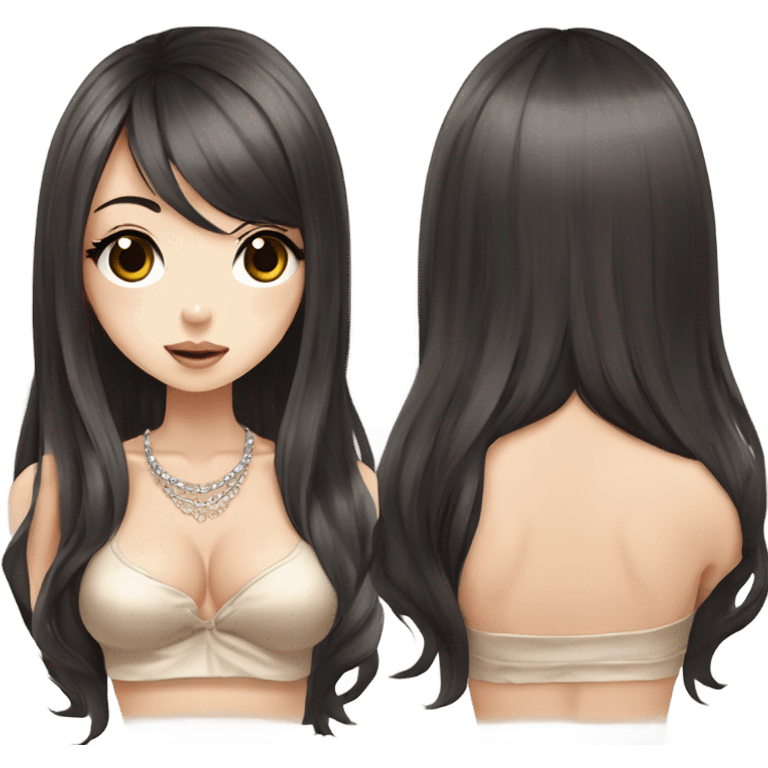 hime gyaru girl with LONG SILKY BLACK HAIR, with beige satin halter top with chest, very pale skin and pretty brown monolid eyes emoji