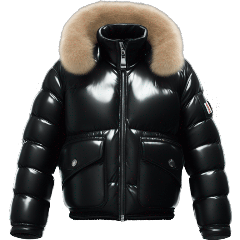 short shiny black moncler jacket with fur reflecting latex emoji