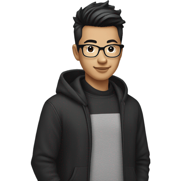 25 year old Asian male with glasses and pompadour hair, black hoodie emoji