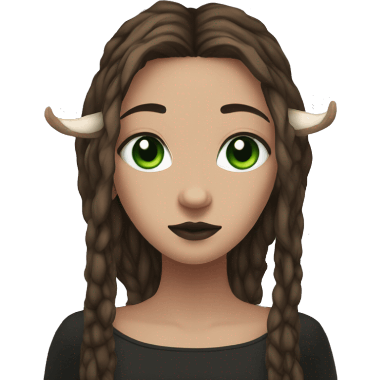 Portrait. Goth, deer girl. Green eyes. She has White antlers and deer ears. Long brown dreadlocks. emoji