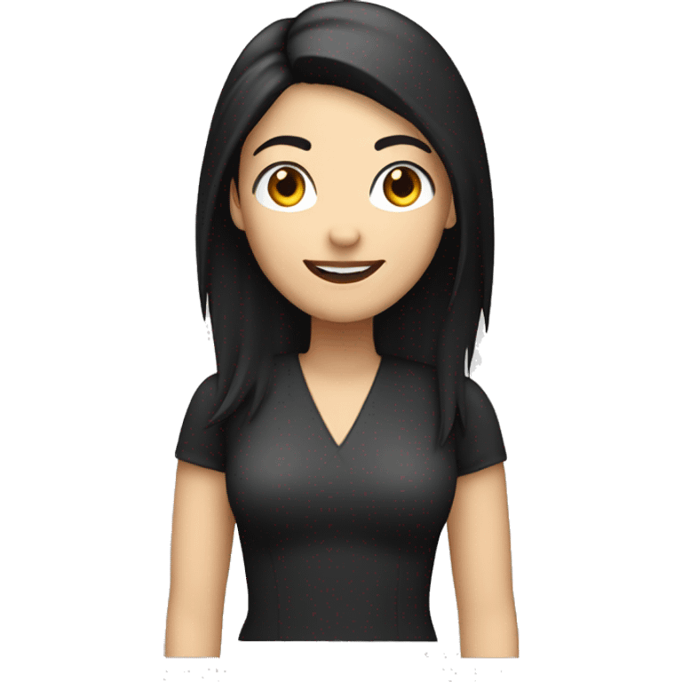 woman editor with smile, white skin, black straight hair, right hand up emoji