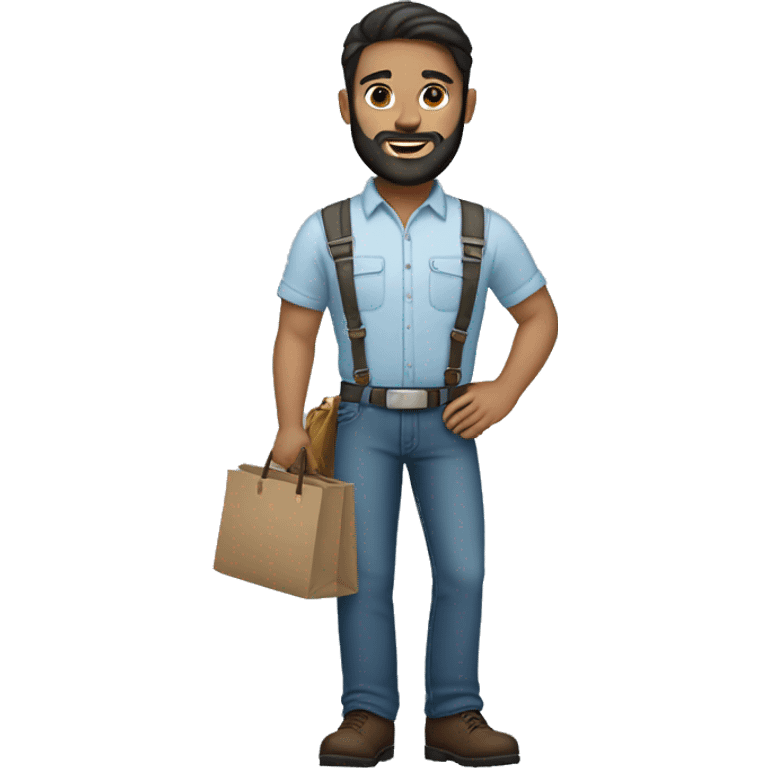 White engineer with black beard and white helmet wearing light blue blouse and dark jeans and brown shoes holding bags emoji