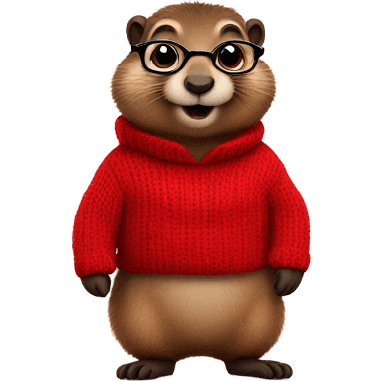 winking cute groundhog in a fully red sweater and glasses full body shown emoji