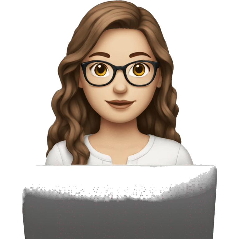 A white girl with long brown hair and glasses holds a laptop emoji