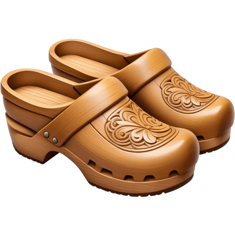 Cinematic Realistic Wooden Clogs Emoji, depicted as a pair of traditionally carved wooden clogs with intricate details and rustic charm. emoji