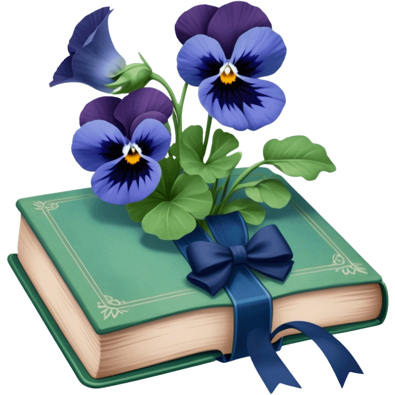 A nostalgic still life of a green vintage book, faded blue ribbon, and pressed navy pansies. emoji