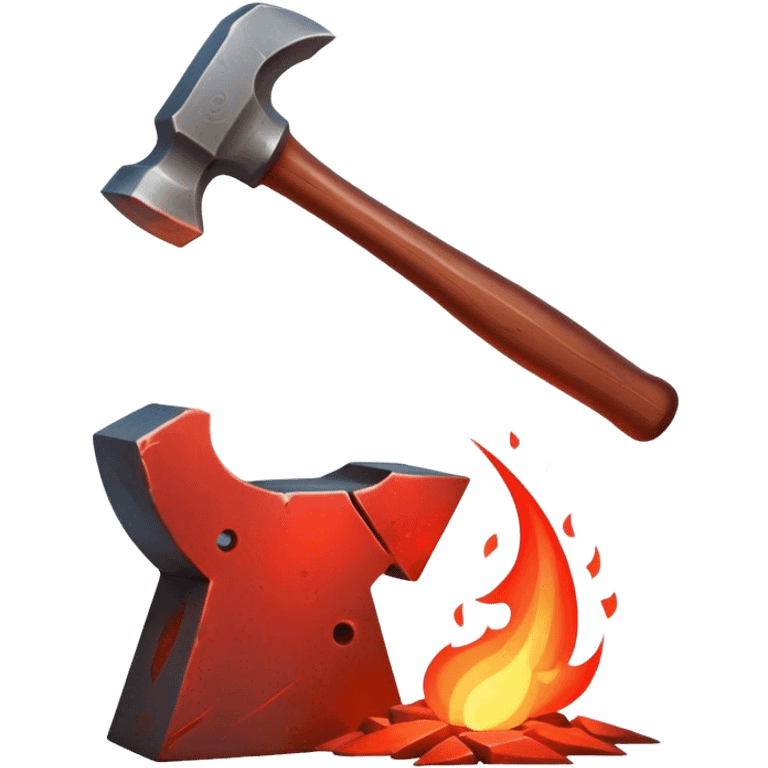 Blacksmithing icon, forged metal piece being shaped with hammer and anvil, glowing red-hot metal, blacksmith tools like tongs and chisel, sparks flying, minimalistic style, clean lines, transparent background. emoji