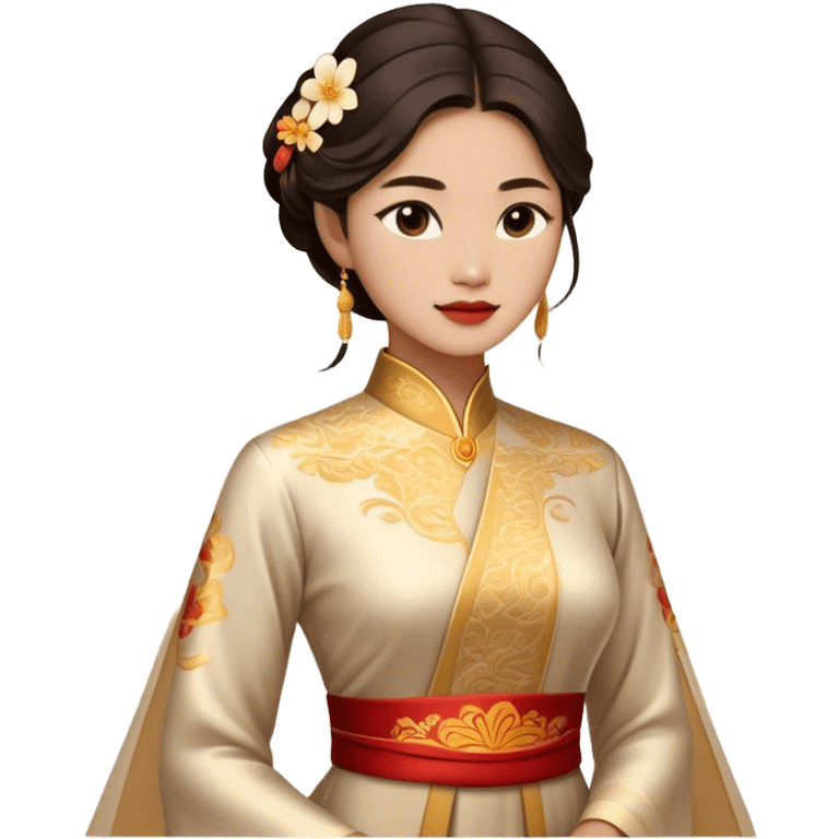 Cinematic Realistic Áo Dài Portrait Emoji, depicted as an elegant traditional Vietnamese dress with flowing graceful lines and delicate patterns, rendered with rich textures and soft ethereal lighting that captures its timeless beauty. emoji