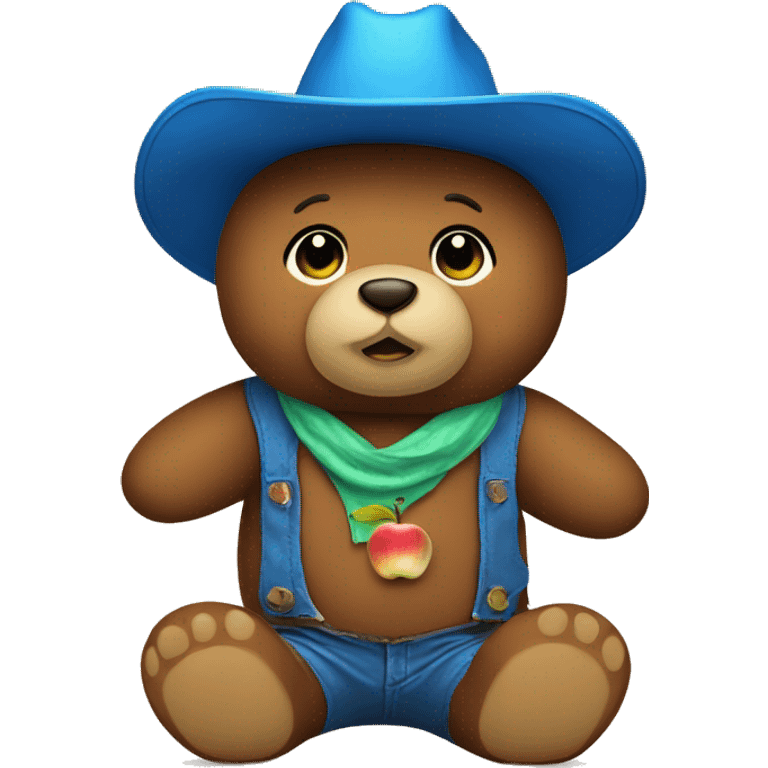 Teddy bear with a blue cowboy hat that looks like an apple emoji emoji