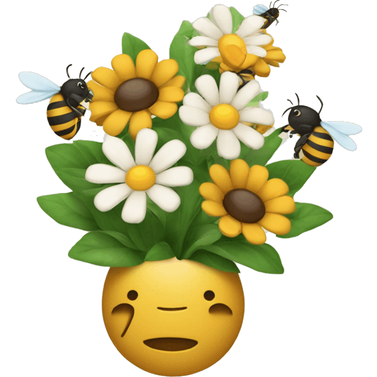 bouquet of flowers with 3 bees flying around it emoji