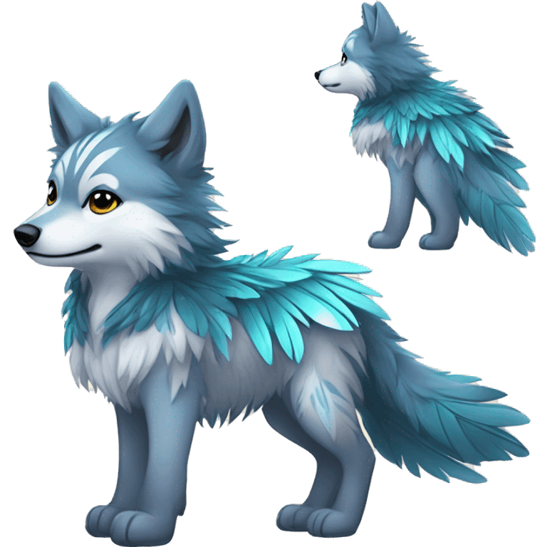 Fluffy Shy Chibi Spiritual Shamanic Wolf With Shiny Tribal Markings wearing feathers Full Body emoji