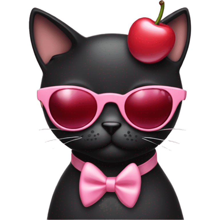 A black cat wearing a little light pink bow, red framed oval sunglasses, and drinking a cherry cola  emoji