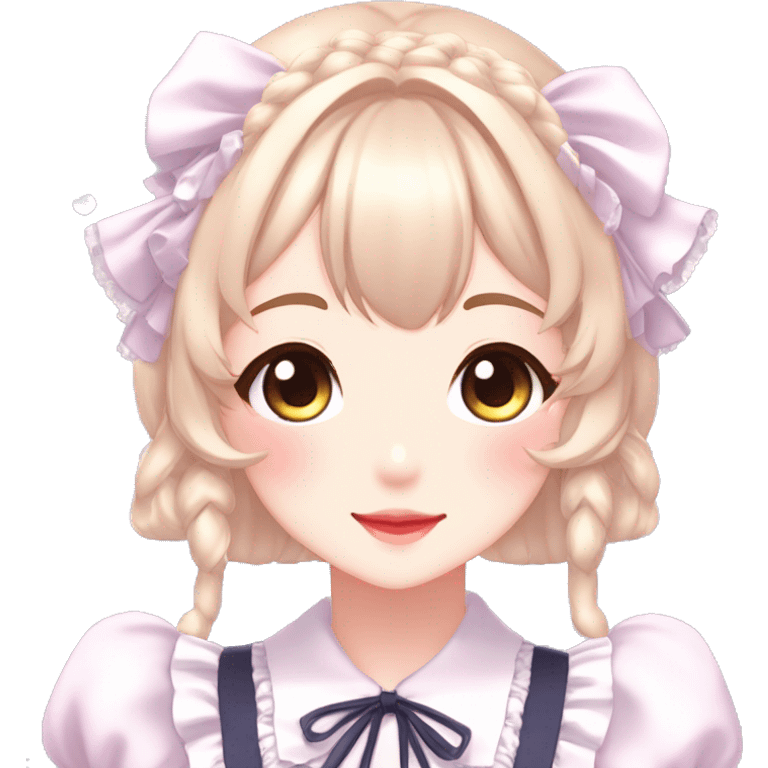 Gorgeous anime style lady blushing face maid outfit Lolita idol model colorful shiny sparkle kawaii pastelcore cottagecore pearly petite simplistic aesthetic trending style emoji