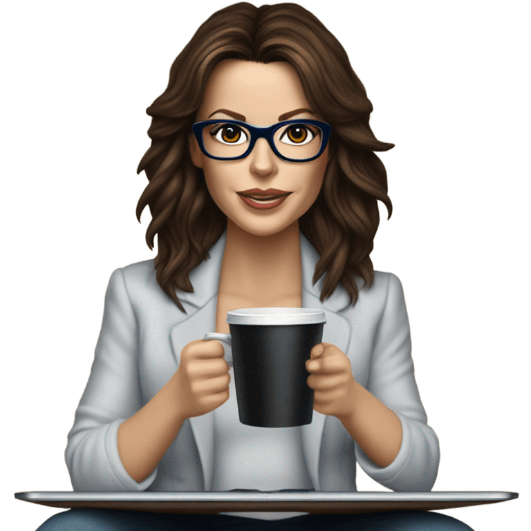 Hyper Realistic Kate Beckinsale dark blue eyes wearing glasses drinking coffee at a laptop  emoji