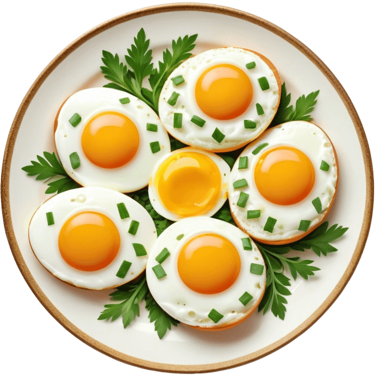 Cinematic sunny-side-up eggs, perfectly cooked with glossy yolks, crispy golden edges, sprinkled with fresh herbs, served on a rustic plate, bright and inviting, highly detailed and appetizing. emoji