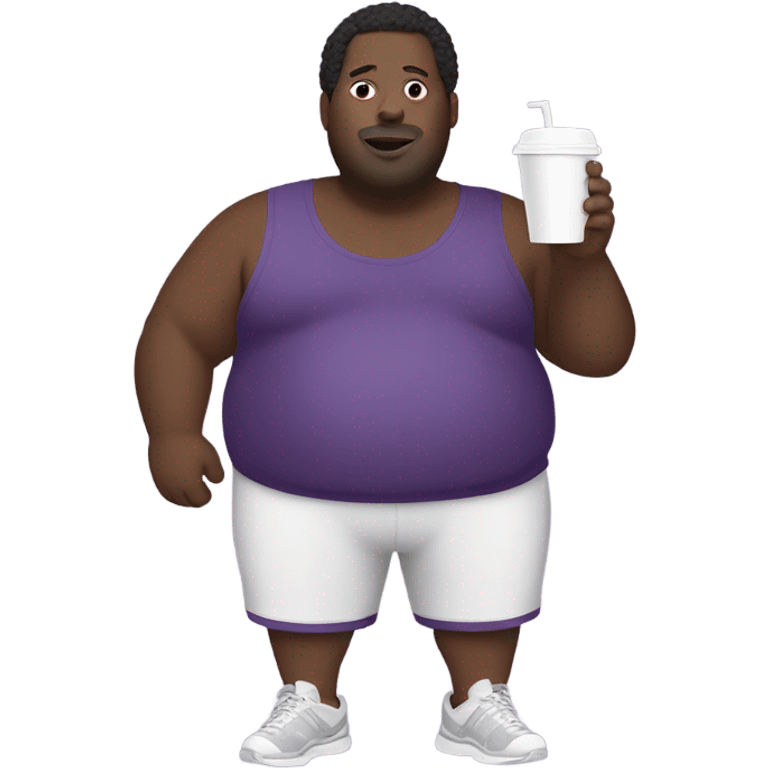 Obese black man wearing a purple tracksuit while holding a white styrofoam cup  emoji