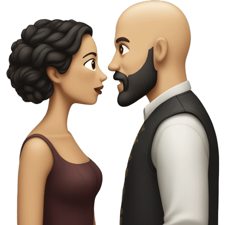 White Man bald with dark beard kissing short Mexican woman with long dark wavy hair emoji