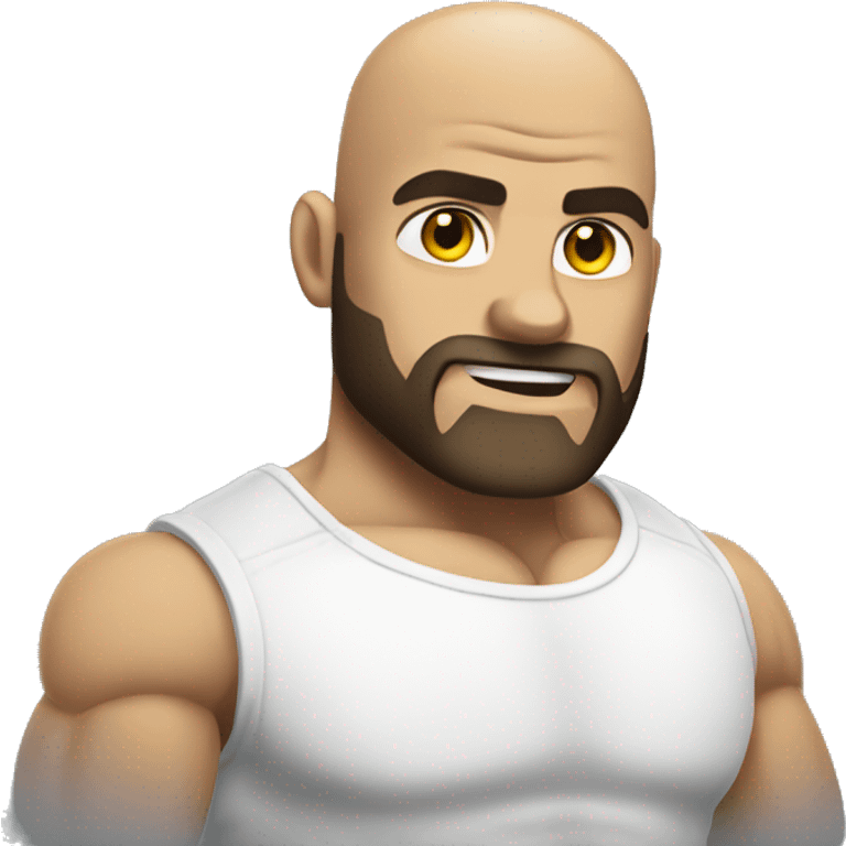 Muscular man flexing, bald, dark beard in a white shirt emoji