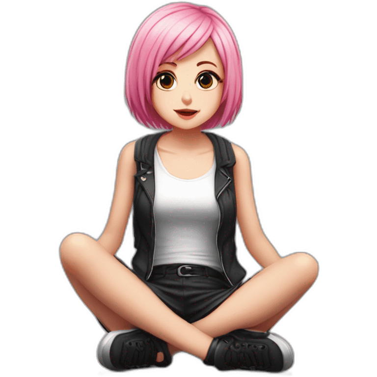 Full body Front view curvy emo girl pink hair sits on the floor straight view hands up black skirt белые трусики полосатые рваные чулки emoji