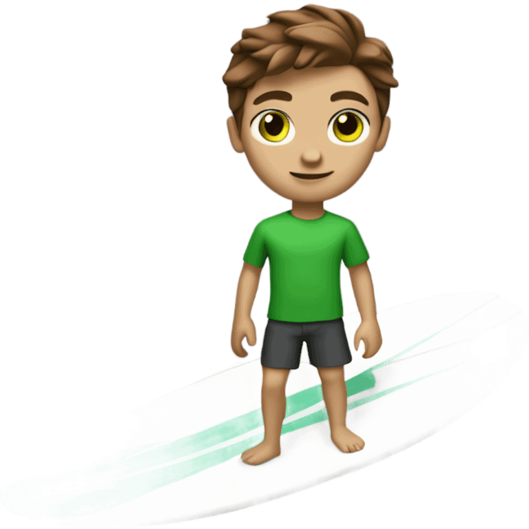 do a white skin teenage boy surfing with brown hair green eyes and a cute outfit, full body legs arms emoji