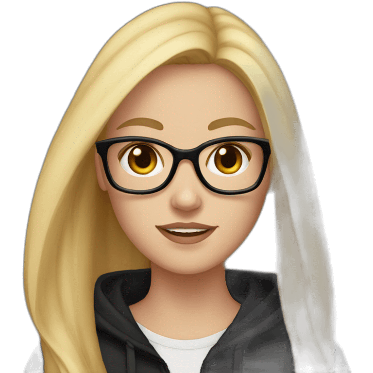 white girl with glasses and long blonde hair and black hoodie and a red doberman emoji