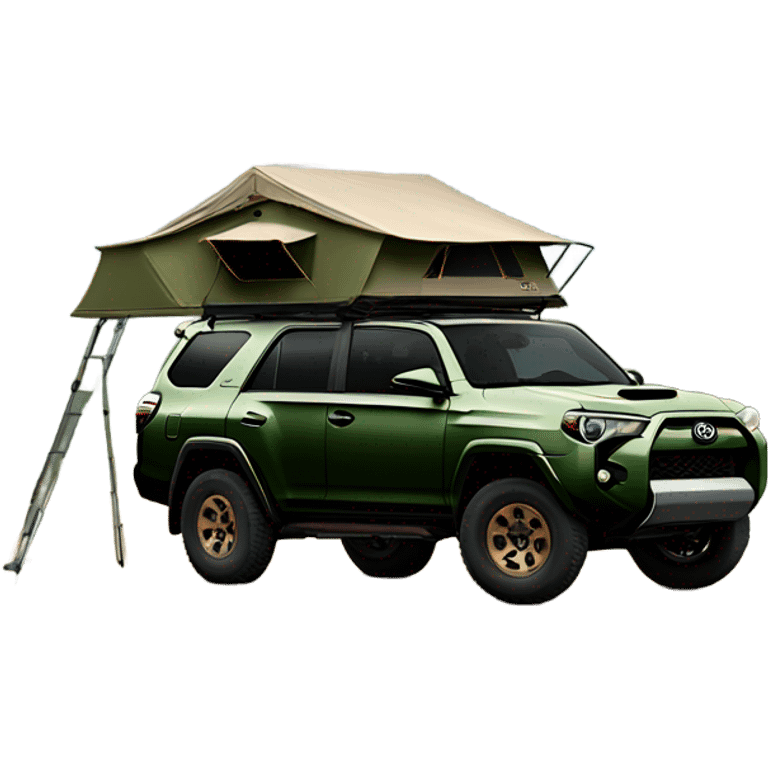 Army Green Toyota 4runner with bronze wheels and a cvt Mt. hood rooftop tent emoji