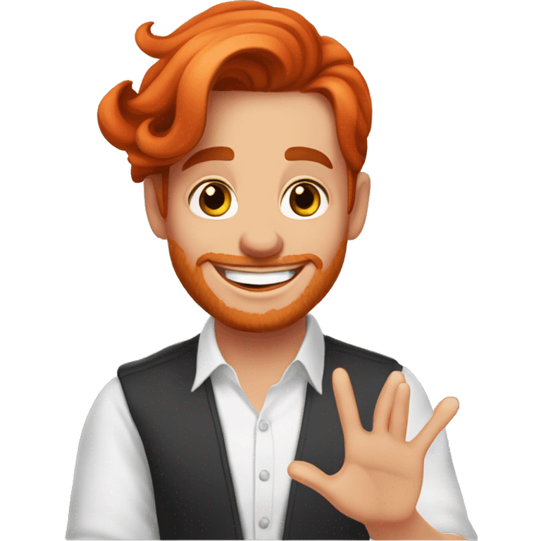 The manicure master is a red-haired girl with colored nail polishes in the background. He smiles, winks and invites you to his reception with his hand emoji