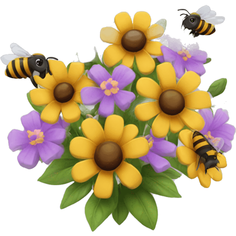 bouquet of flowers with bees flying around it emoji