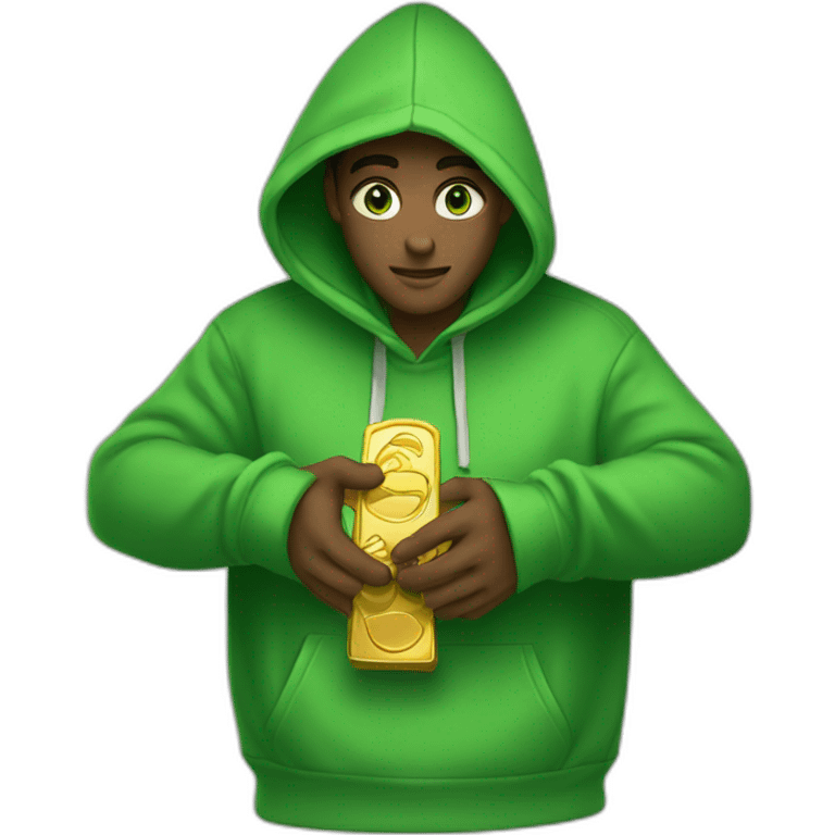 Men green eyes wear hoodie and keep and hand one gold ingot emoji