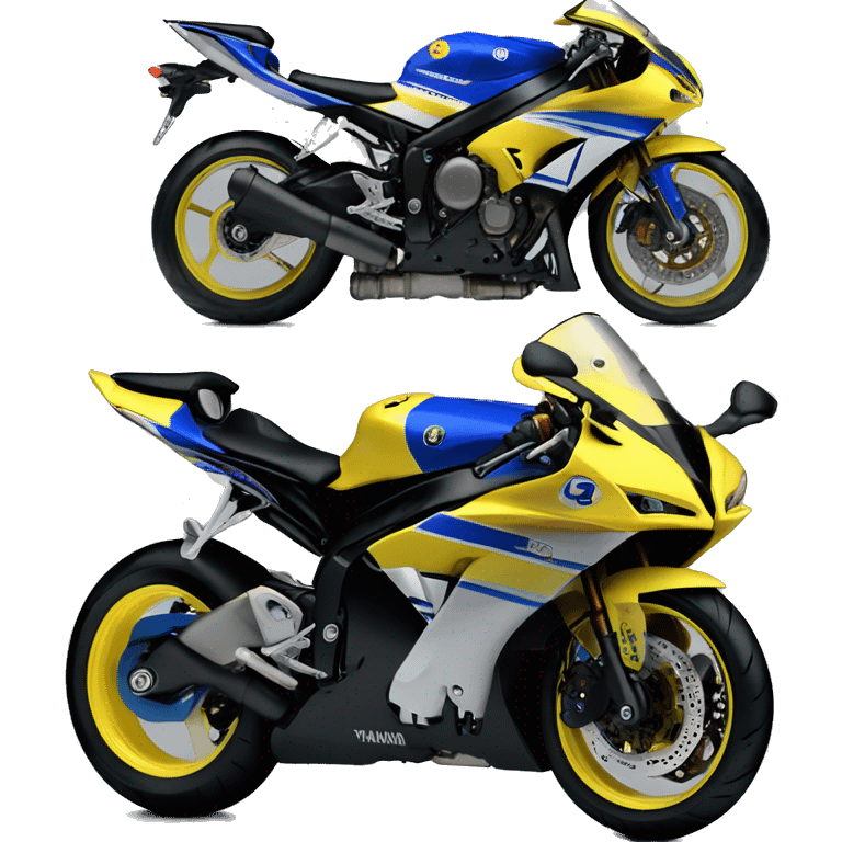 A 2009 Yamaha r1, blue and yellow fairings front view. Less yellow then blue. Black wheels emoji