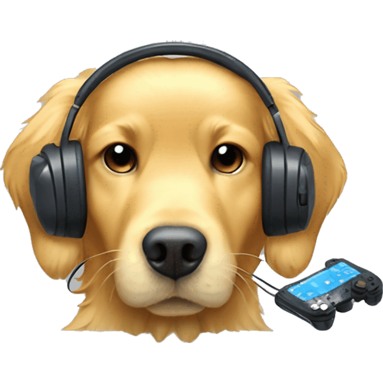 golden retriever with gaming pad in ahnds and headset emoji