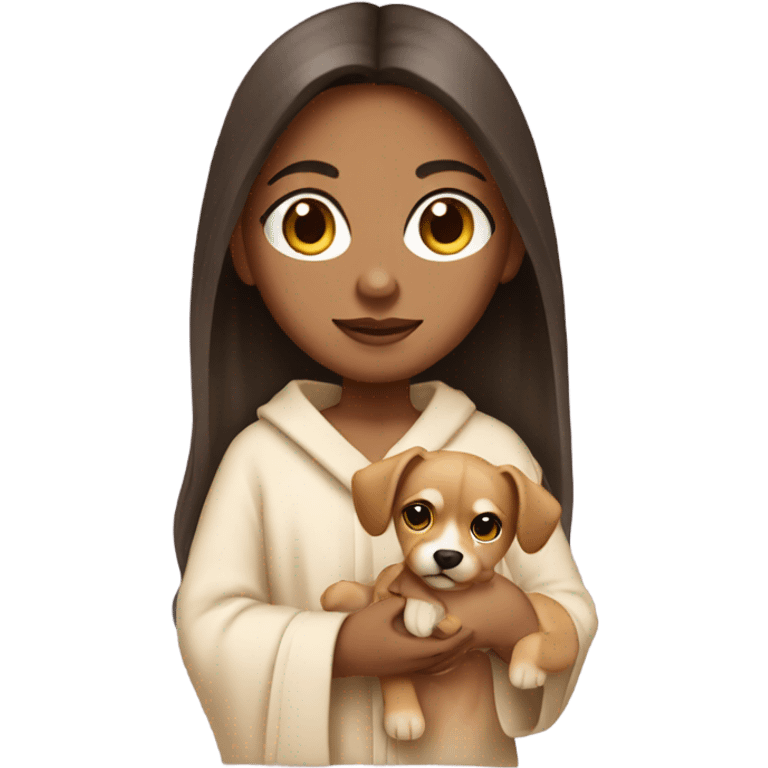 Indian girl with light skin straight hair holding a puppy in a robe emoji