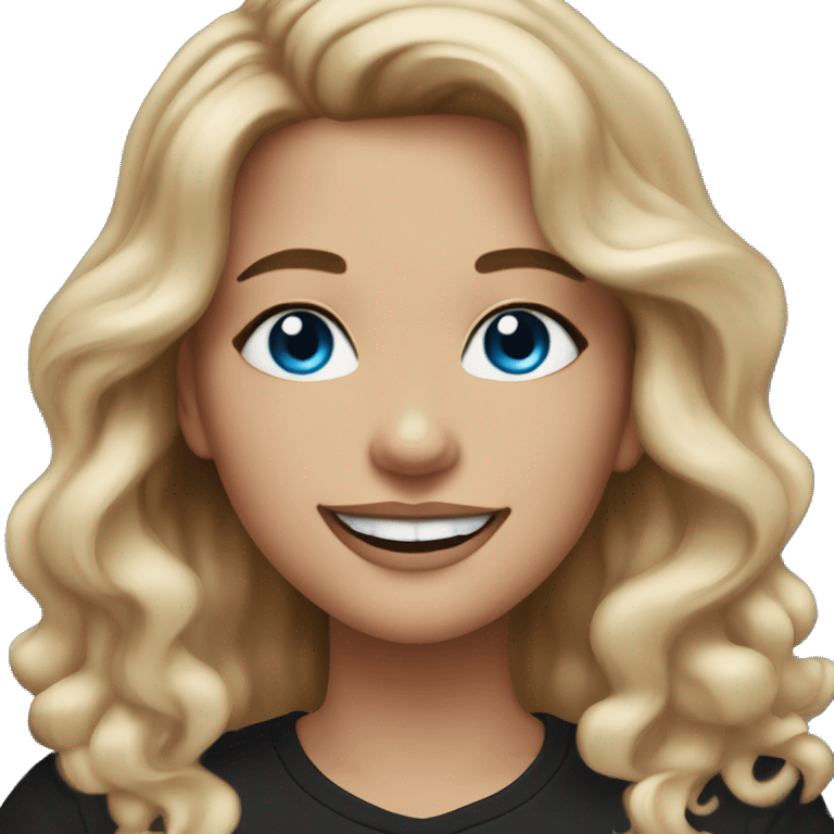 White-skinned adult woman, smiling, glitter makeup on her face, blue eyes, long brown-to-blonde ombre wavy hair, ring earrings, black T-shirt. emoji