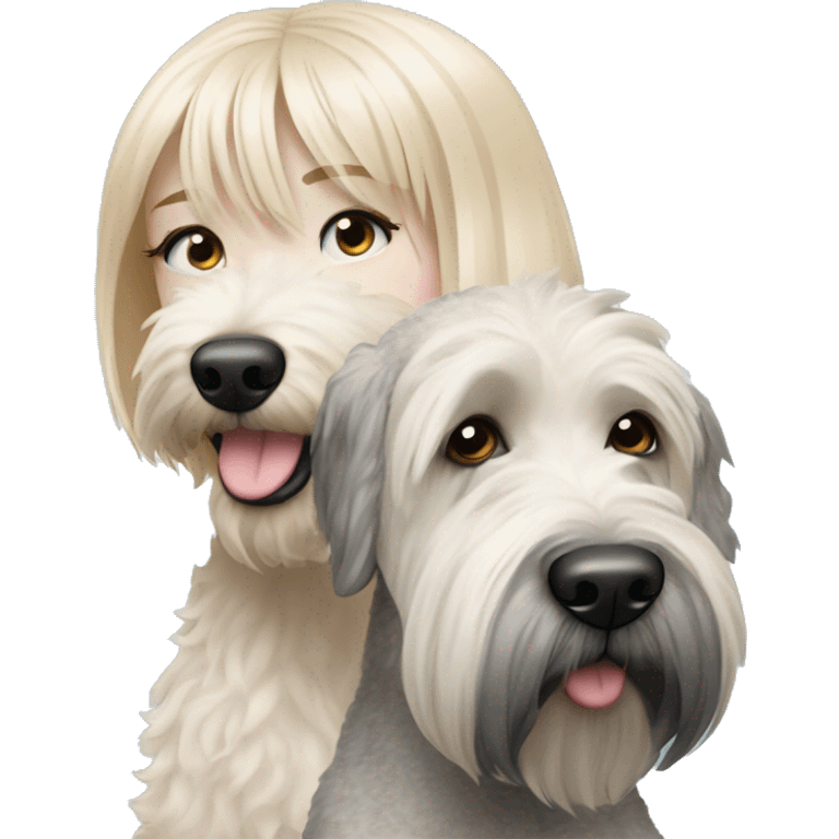 pretty woman blonde hair blue eyes hugging a white and gray soft coated wheaten terrier dog with bangs over one dog eye emoji