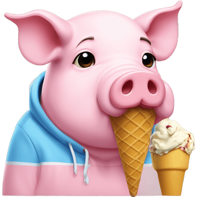 JUMBO PIG PINK PASTEL WEARING HODDIE BLUE MIX YELLOW AND eating ice cream emoji