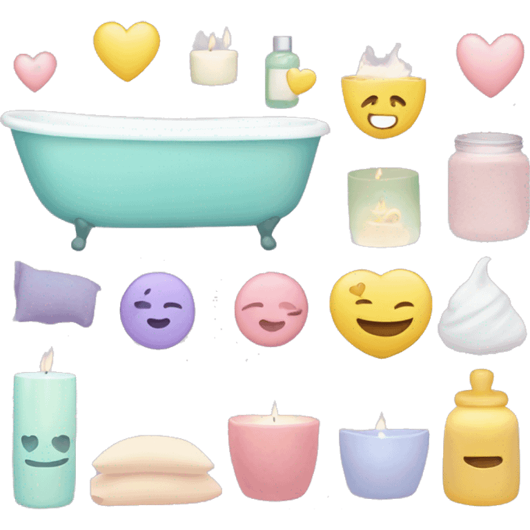 Design a self-care emoji pack featuring face masks, candles, bath tubs, hearts, and soft pillows in relaxing pastel shades. emoji