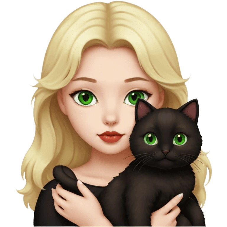 Create an iphone emoji of a blonde girl, with brown eyes and plump lips holding a black fluffy cat with green eyes emoji