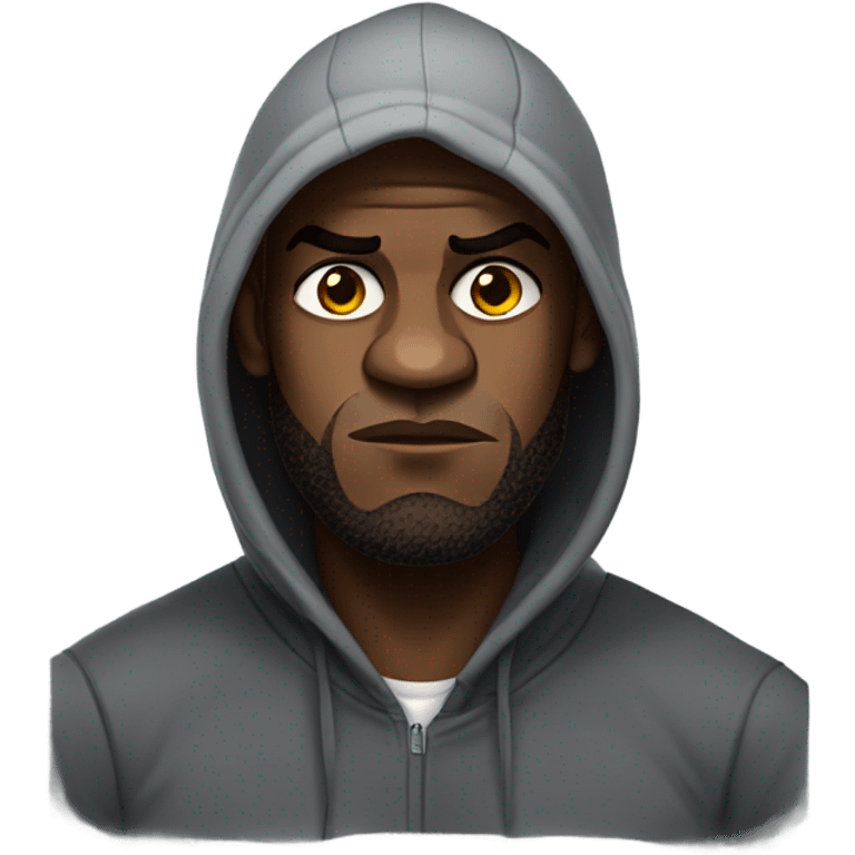 LeBron wearing a hoodie looking mad emoji