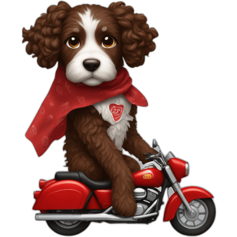 A chocolate brown doodle with wavy fur wearing a red and black handkerchief riding a motorcycle emoji