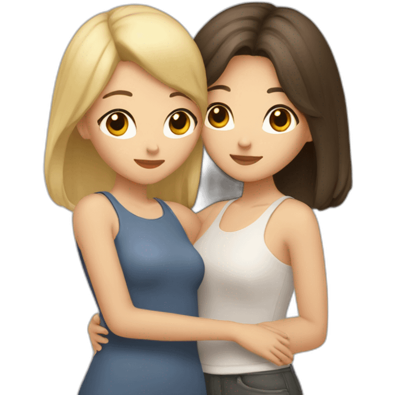 Two girls friends one blonde short hair, second girl is asian with long brown hair hugging each other emoji